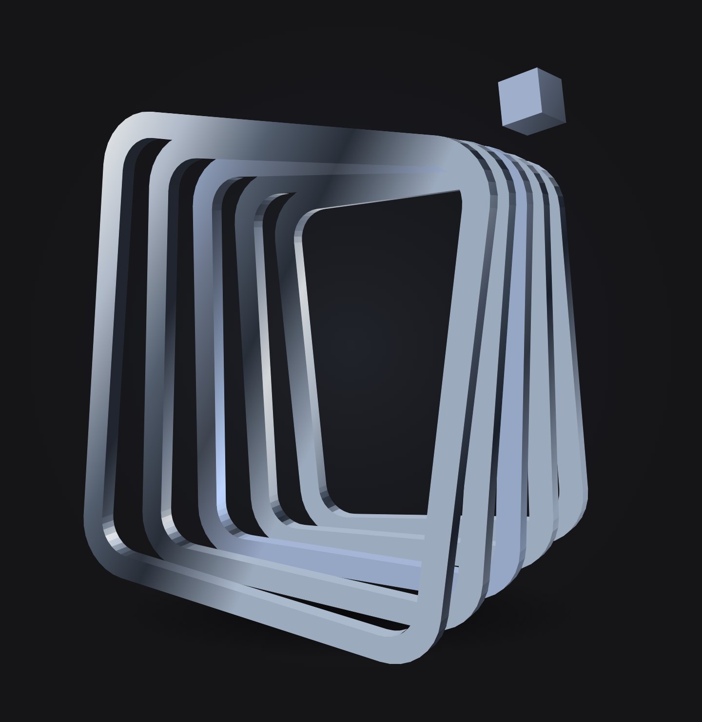 A polished silver portal: nested rounded metal frames step through space around a pale blue opening. Abstract artwork for Breakage Calendar.