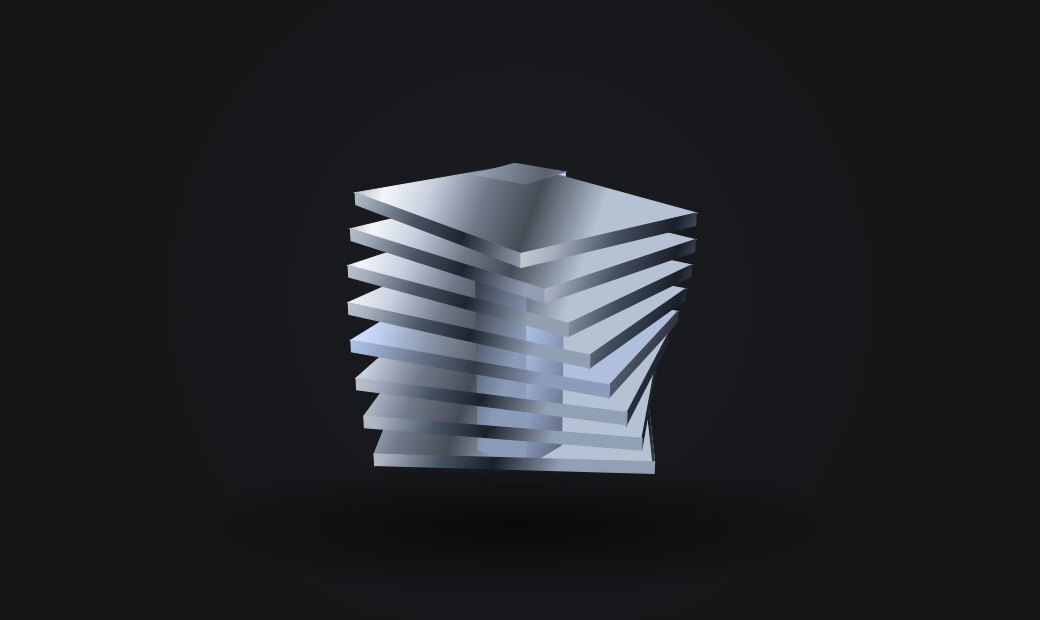 A spiral of thin silver plates protects a pale blue core. Abstract artwork for Sync Witness.