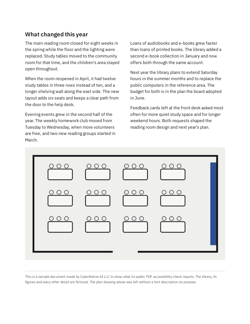 Page 2 of the sample report: a heading, then six paragraphs set in two columns, then a plan drawing of a reading room.